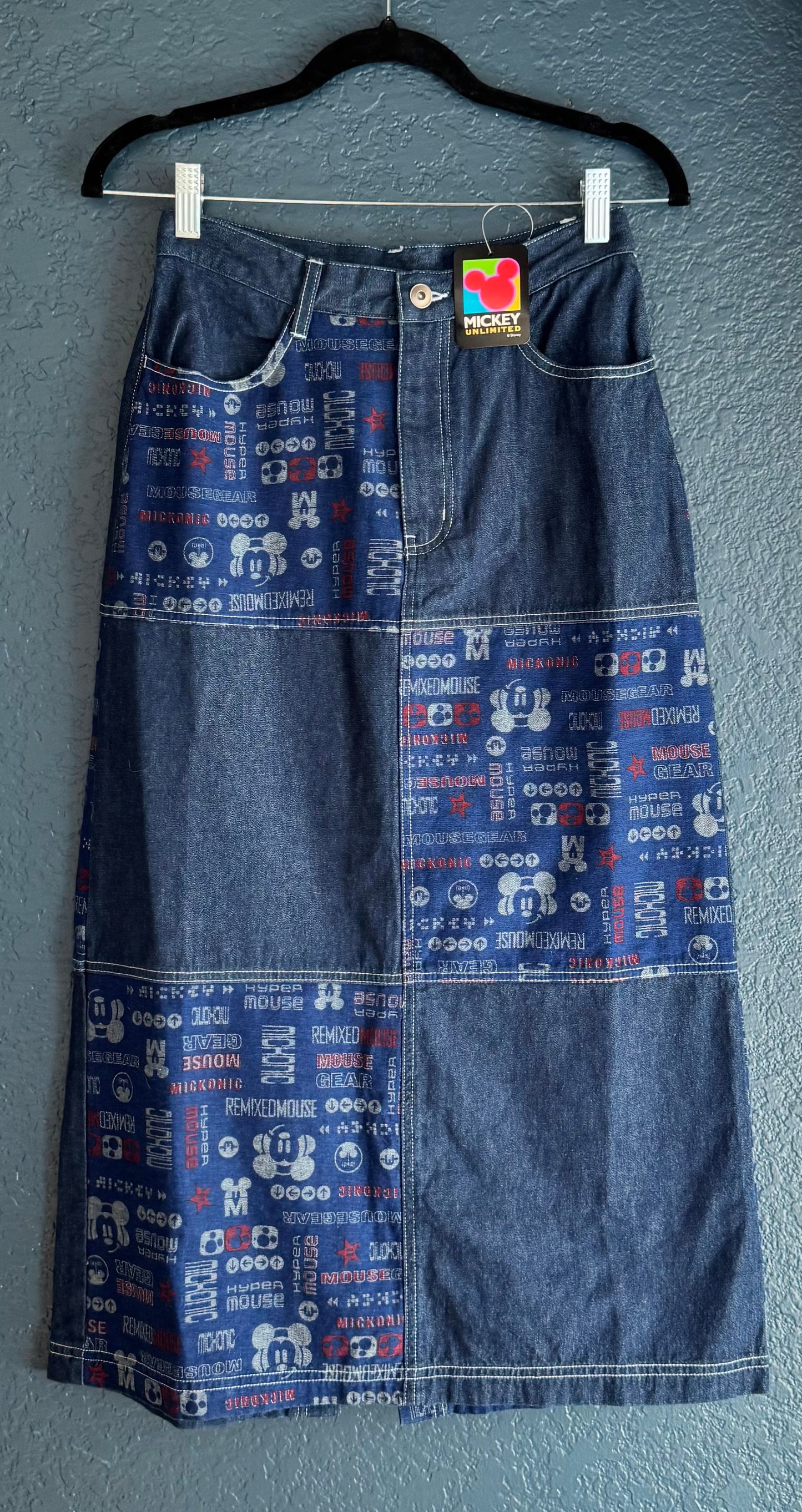 Denim Mickey Mouse Patchwork Maxi Skirt