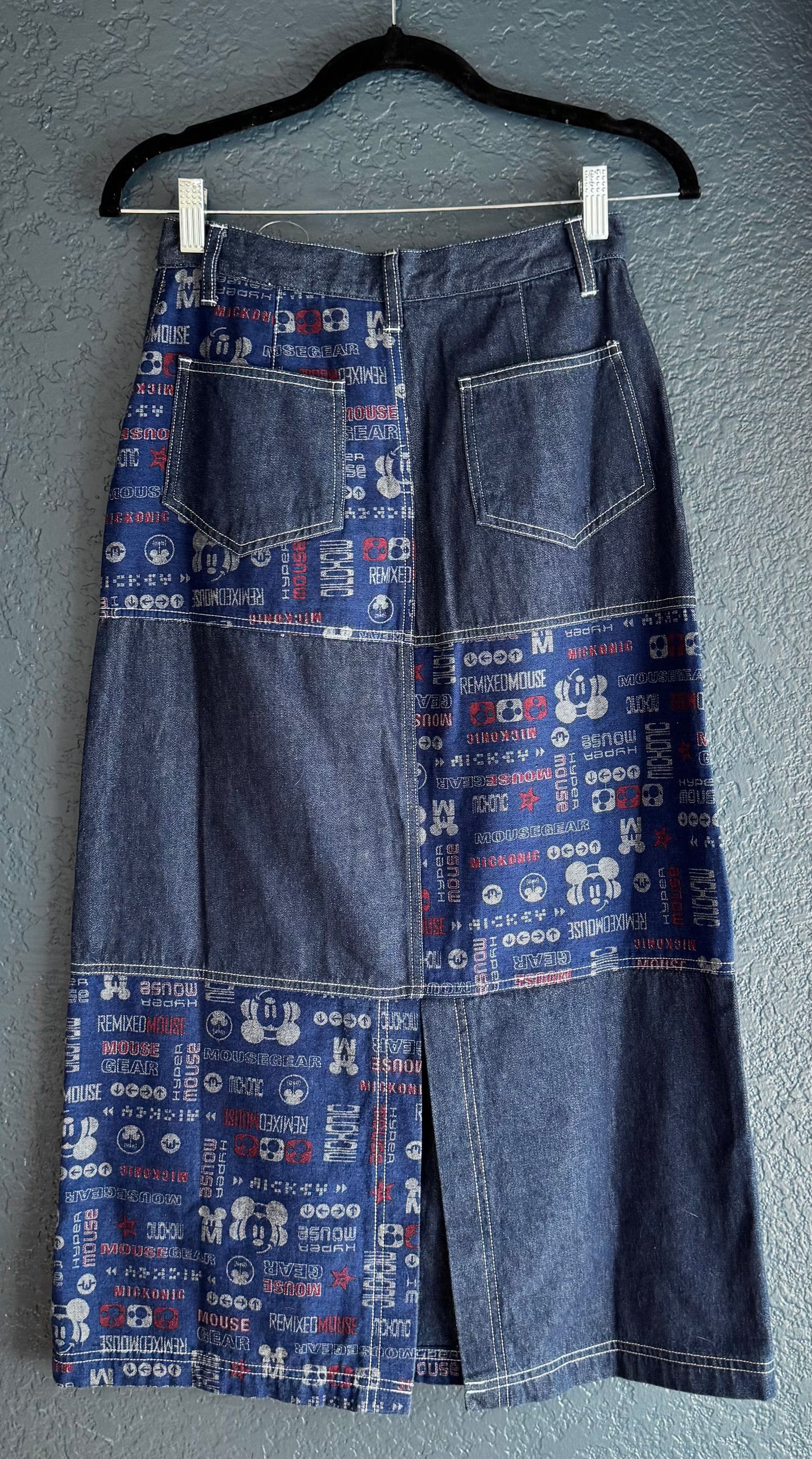 Denim Mickey Mouse Patchwork Maxi Skirt
