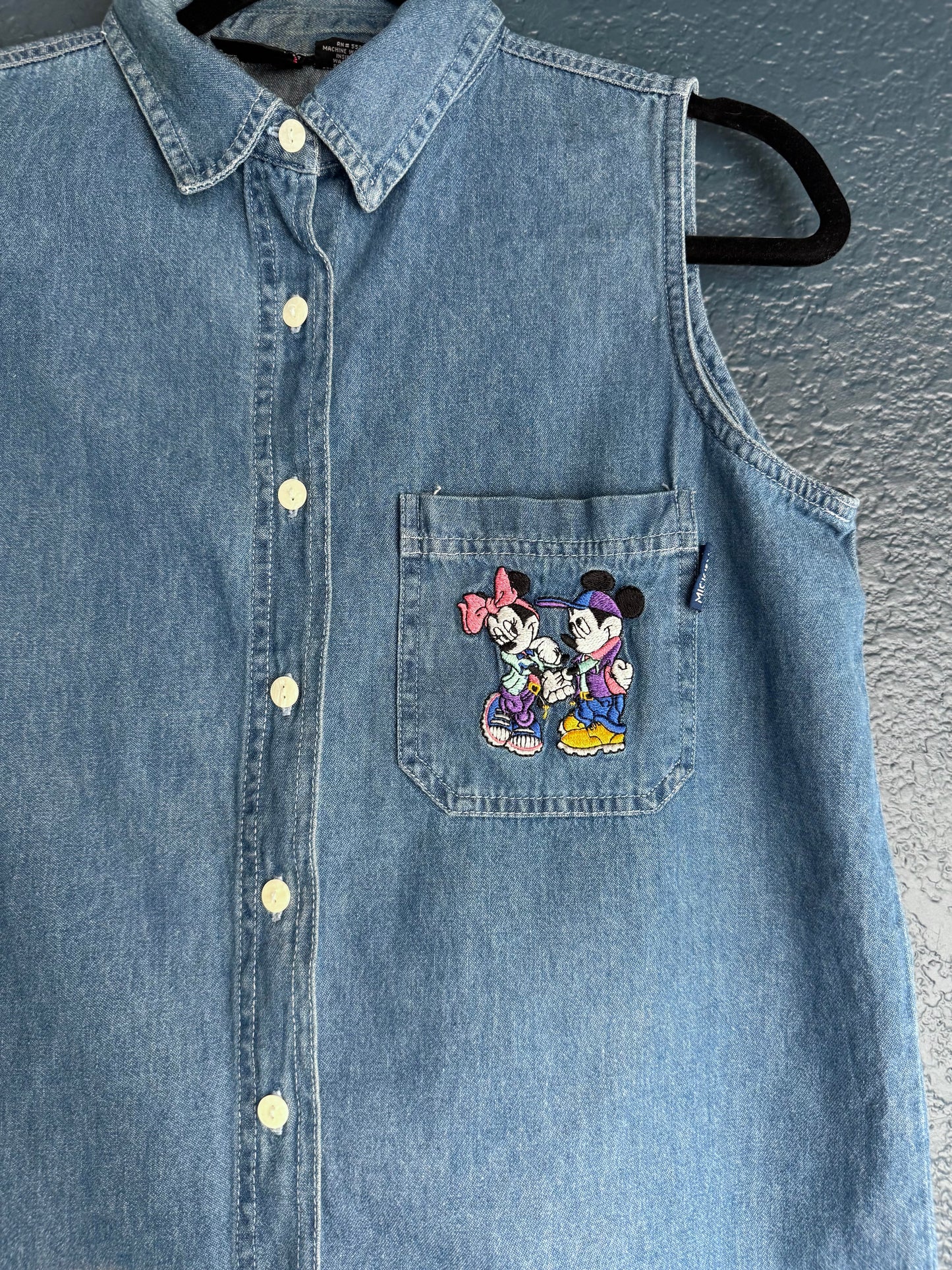 Mickey & Minnie Medium Wash Sleeveless Denim Button up