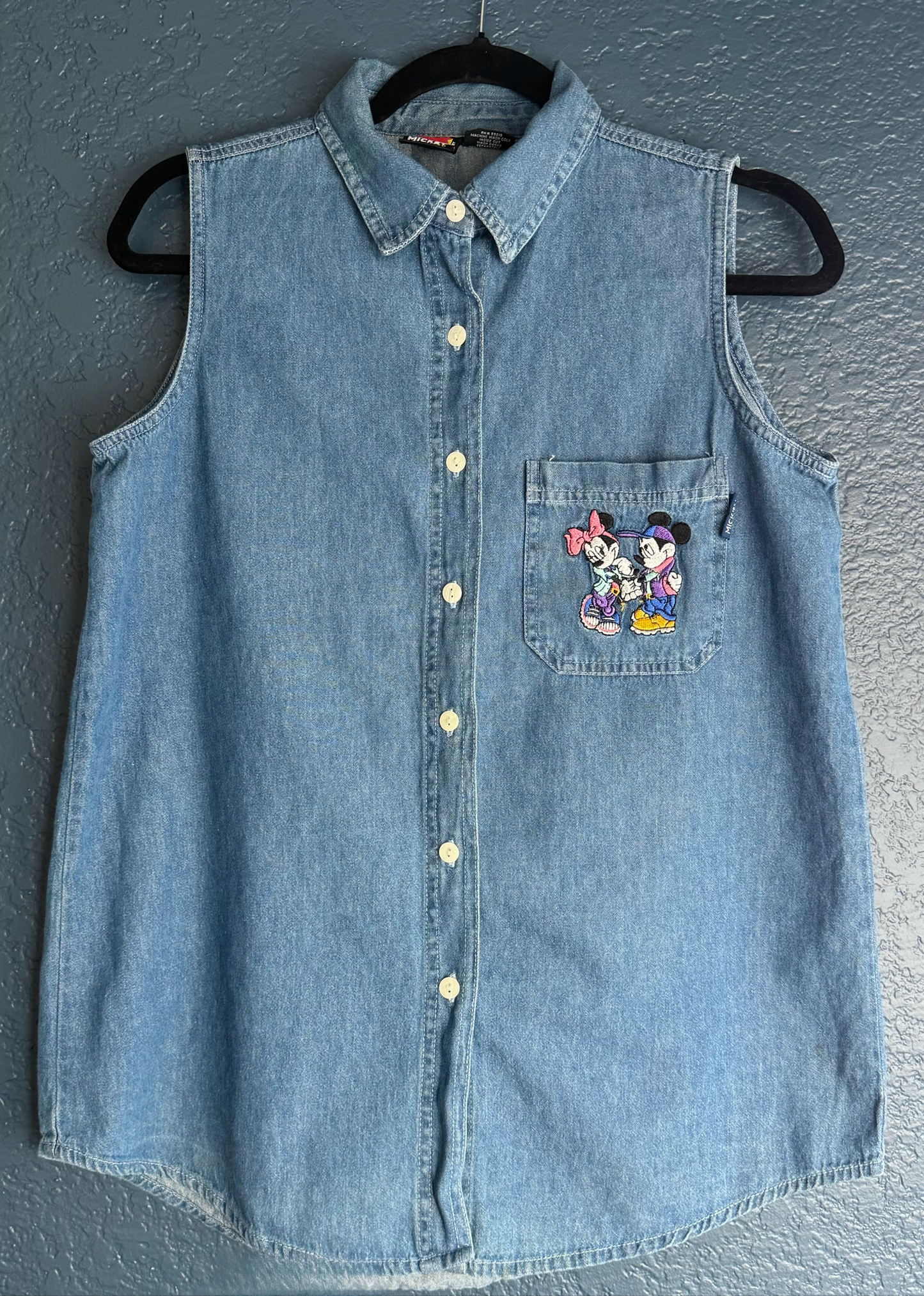 Mickey & Minnie Medium Wash Sleeveless Denim Button up