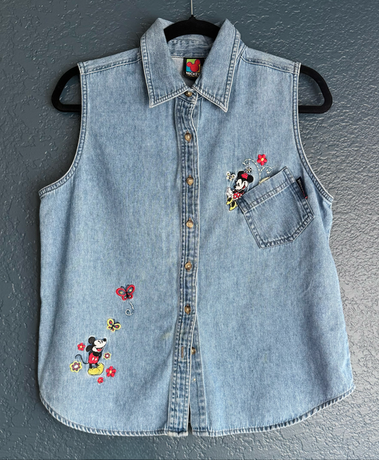 Mickey & Minnie Light Wash Sleeveless Denim Button up