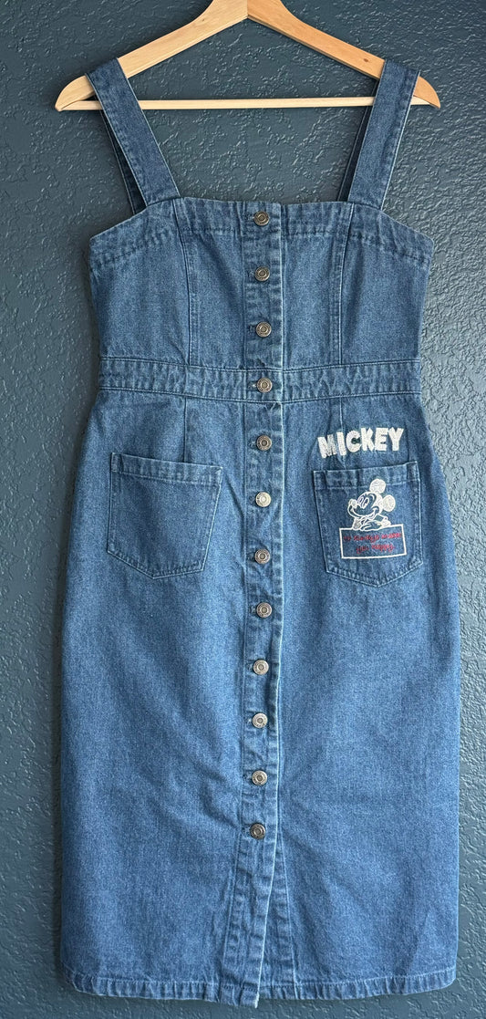 Embroidered Denim Mickey Mouse Midi Dress